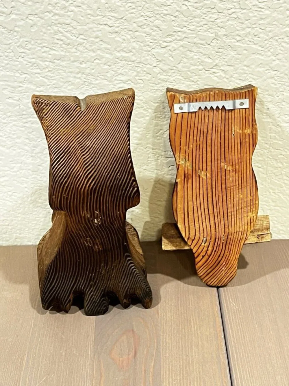 TWO Hand Carved Wooden Owls Big Eyes Folk Art 70s/80s Hanging Shelf Sitter MCM
